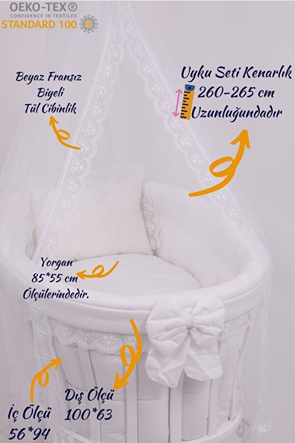 BebeK on For Uyku Seti Beyaz Fransız Bebek Beşiği Pamuklu Cibinlikli Konforlu Uyku Seti Yeni Doğan Bebek İçin