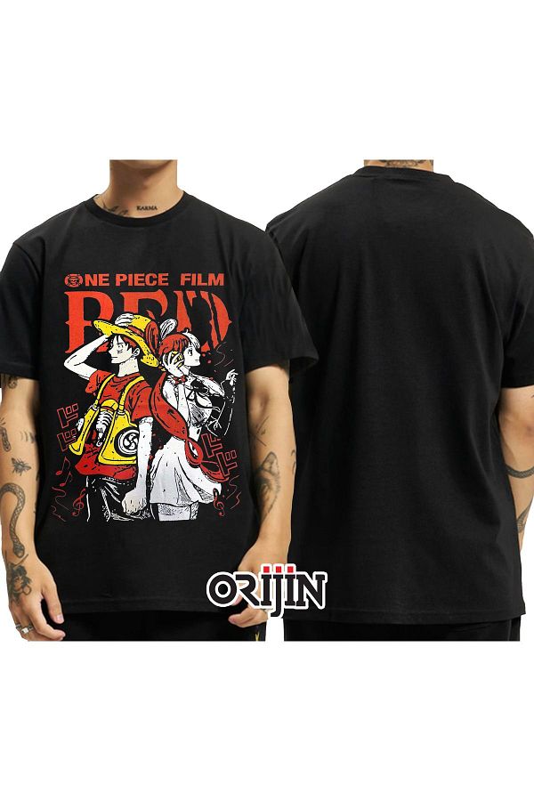 Orijin Tekstil-One Piece Movie Red Monkey D. Luffy Uta Printed Unisex Black Tshirt 1