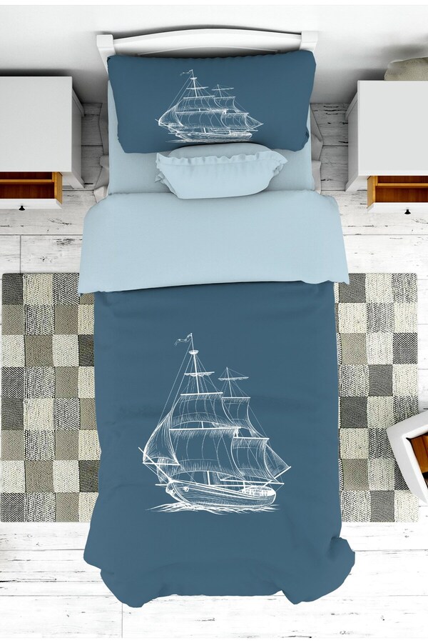 Genel Markalar Gemi Desenli Erkek Çocuk Genç Yatak Örtüsü ve Yastık Kılıfı Pike