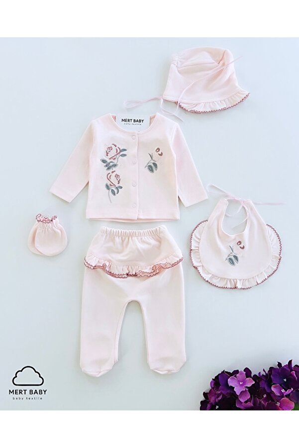 Mert Baby Fırfırella 5'li Organik Hastane Çıkış Seti Pembe %100 Pamuk Yenidoğan Kız Bebek