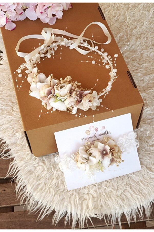 çiğdem kaya design Özel Tasarım Ekru Cicekli Incili Anne Bebek Lohusa Tacı