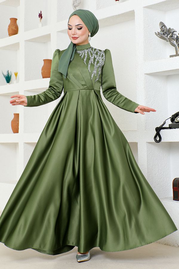 Modamerve Khaki Satin Stone Detailed Evening Dress Aby5725 Trendyol