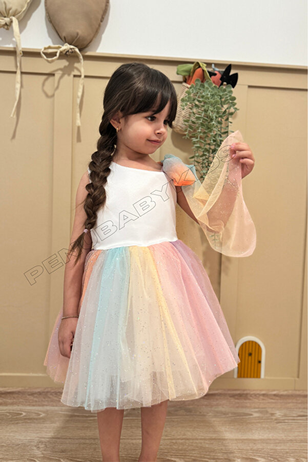 penu baby kids Tek Omuz Eteği Renkli Sim Baskılı Kız Çocuk Kız Bebek Elbise