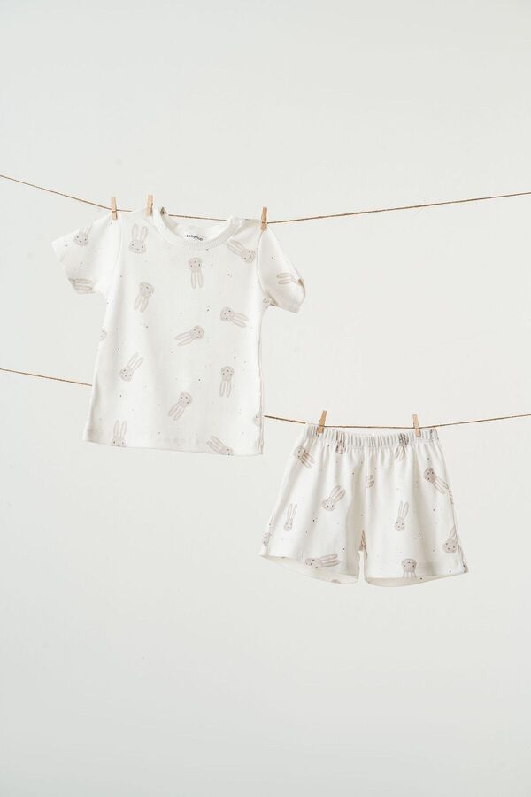 babynup Tavşan Desenli Ekru Soft Fitilli Şortlu Takım