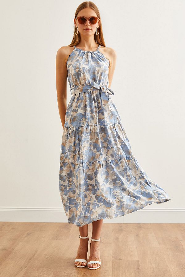 Olalook-Ebru Indigo Neckholder-Kleid aus Viskose mit Gürtel - ELB- 19001548 1
