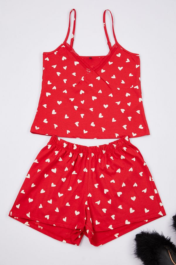 Trendyol Collection-Rotes Strick-Pyjama-Set aus 100 % Baumwolle mit Herz-Spitzenseil-Träger-Shorts THMSS24PT00106 1
