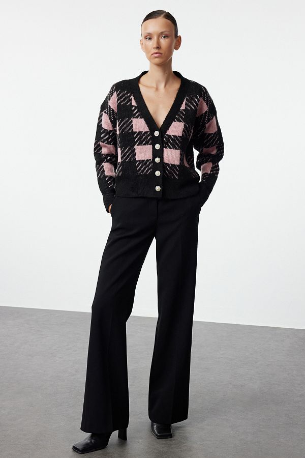 Trendyol Collection Plaid Patterned Black Knitwear Cardigan - Soft Textured  Twoaw25Hi00285 - Trendyol