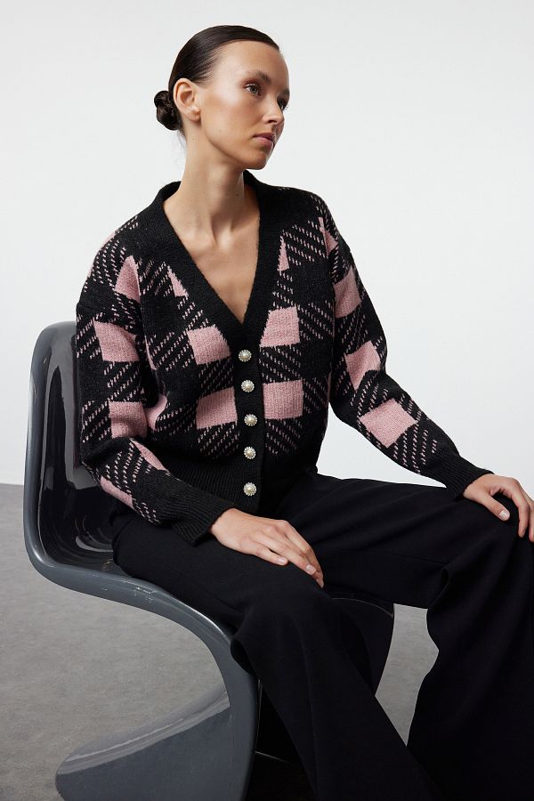 Trendyol Collection Plaid Patterned Black Knitwear Cardigan - Soft Textured  Twoaw25Hi00285 - Trendyol