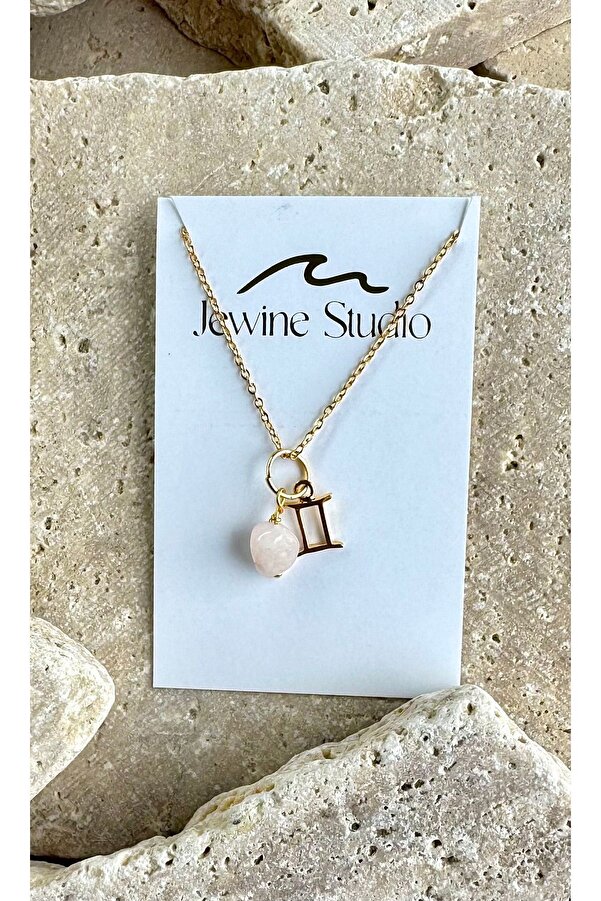 jewine studio Gemini Zodiac Symbol and Pink Quartz Natural Stone
