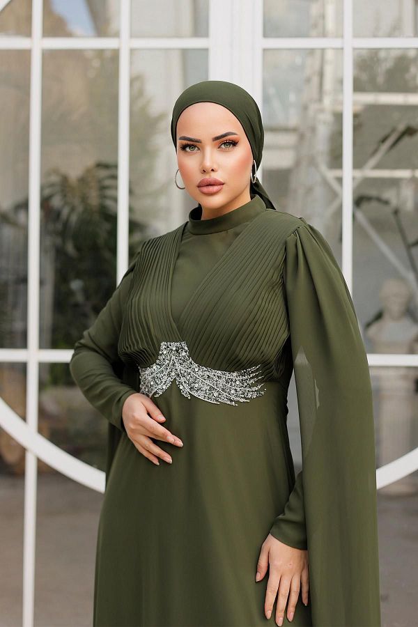 hakimoda Hijab Hila Chiffon Evening Dress Khaki Trendyol