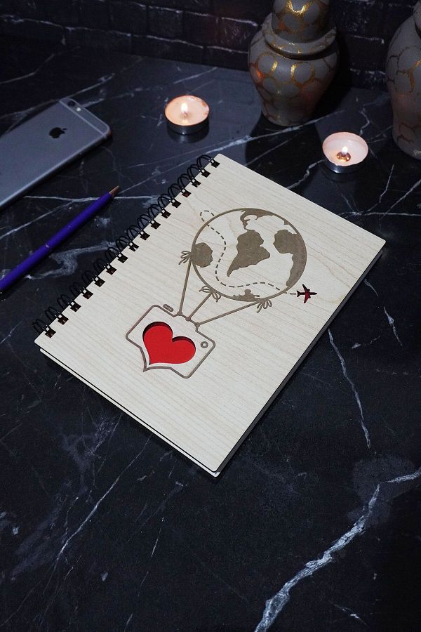 markcat-BAlloon PAtterned Wooden Notebook - DAily - A5 SpirAl Unlined Notebook 1