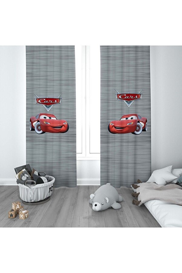 CİCİ ODAM 1 Kanat Çocuk Odası Perdesi Fon Perde Arabalı Şimşek Mcqueen