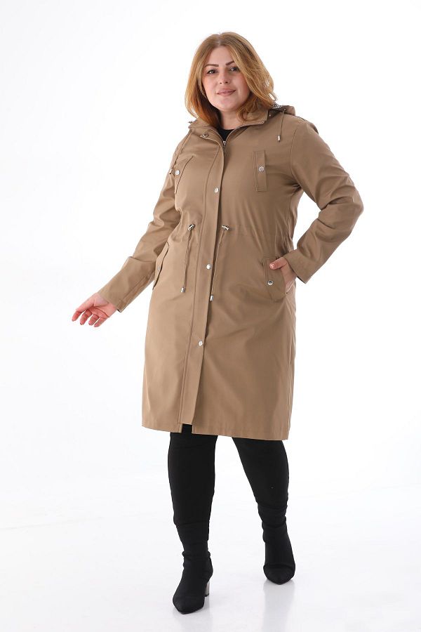 TUTveAL Collection Women s Water Resistant Plus Size Trench Coat Long Hooded Trench Coat Bonded Fabric Inside Plaid Trench Coat Trendyol