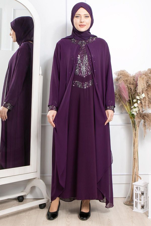 DENİMİNİ-Rochie de seara musulmana cu paiete cu paiete marime mari - Prune DNM2305 1