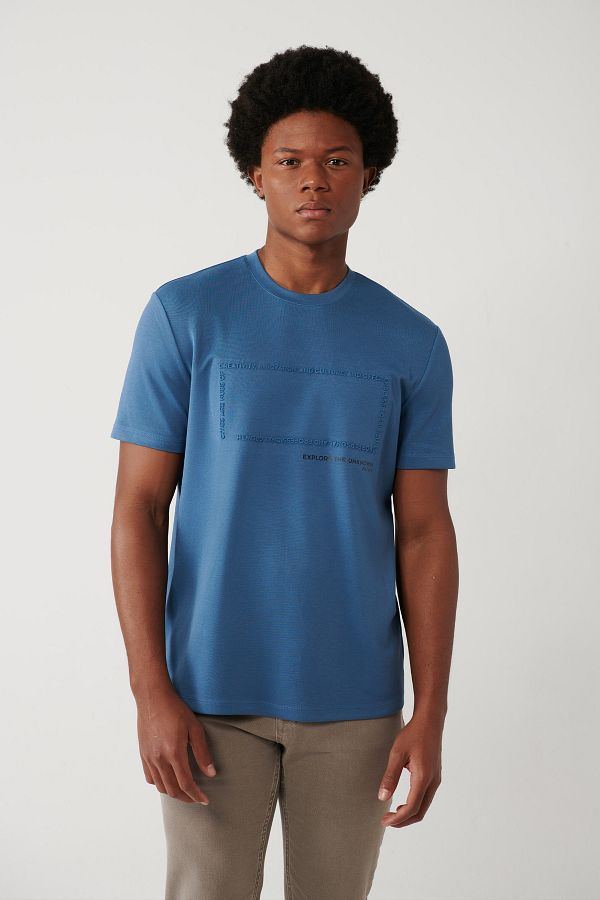 Avva Indigo Men s T shirt Crew Neck Printed Interlock Regular Fit A41y1012 Trendyol