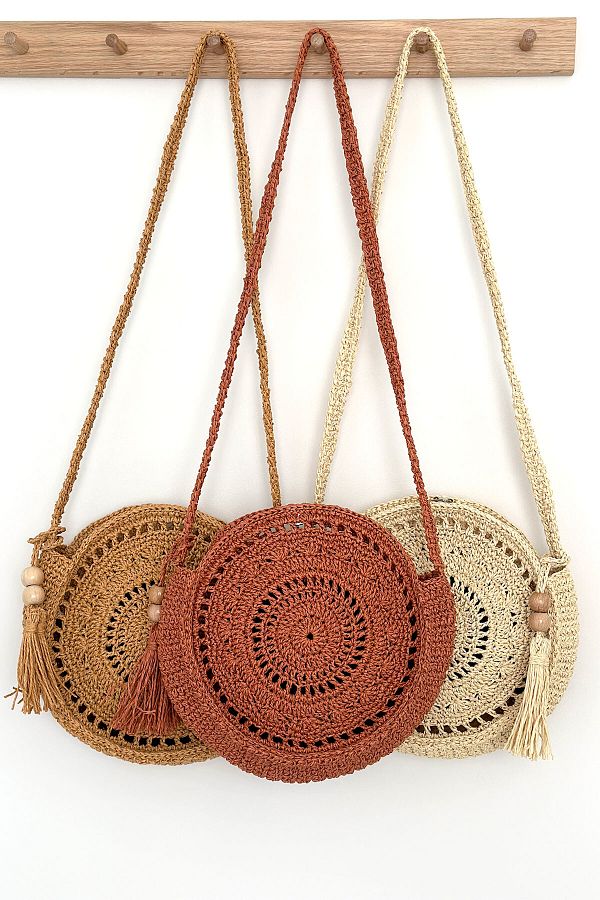 BECCASTYLE-Brick Color Round Bag - Macrame, Bohemian, Tasseled Straw and Knitted Crossbody Bag 1