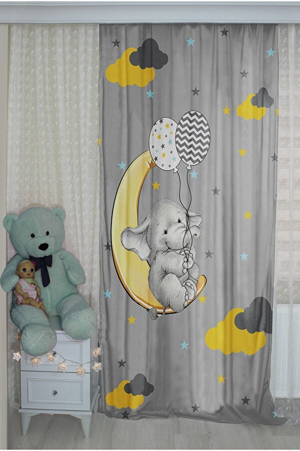Bebişim Halı Sevimli Balon Tutan Fil Çocuk Çift Kanatlı Çocuk Odası Fon Perde