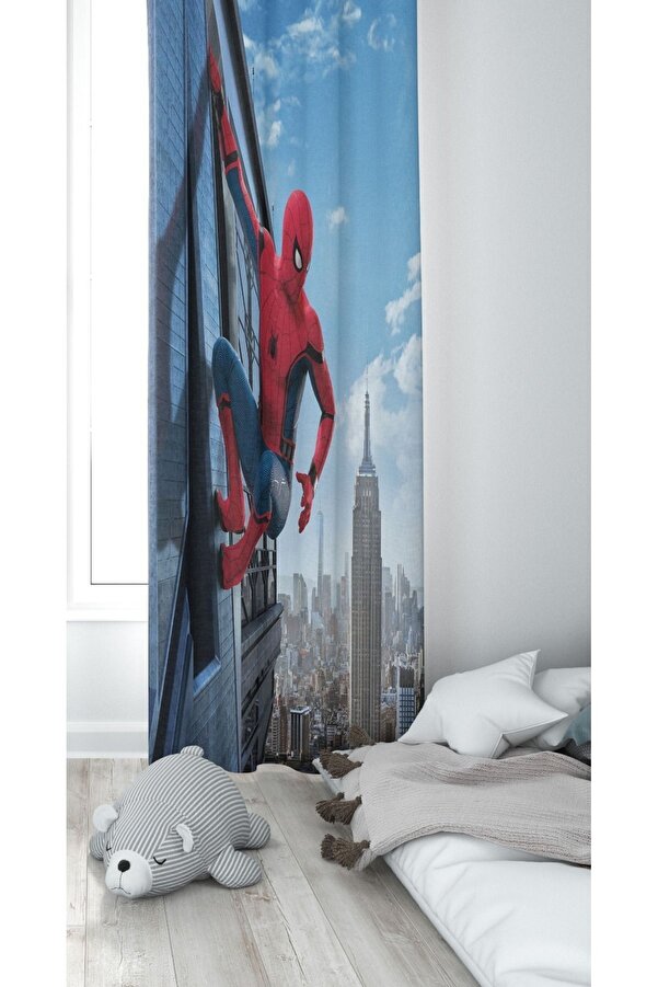 CİCİ EKO 1 Kanat Örümcek Adam Spiderman Lazer Kenar Kesimli Ince Petek Kumaş Dekoratif Çocuk Odası Perdesi