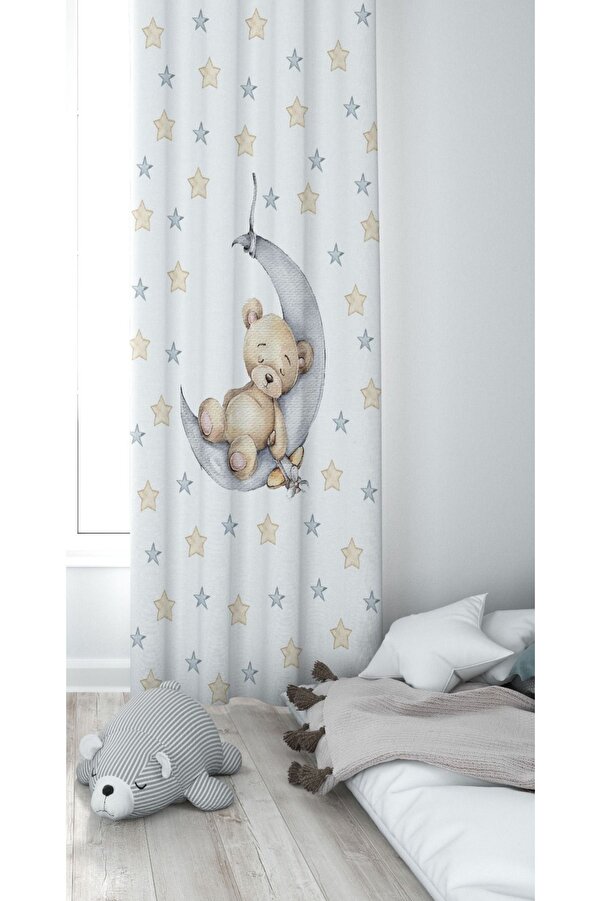 CİCİ EKO 1 Kanat Ayda Uyuyan Ayıcık Lazer Kenar Kesimli Ince Petek Dekoratif Çocuk Odası Perdesi 140x270 Cm