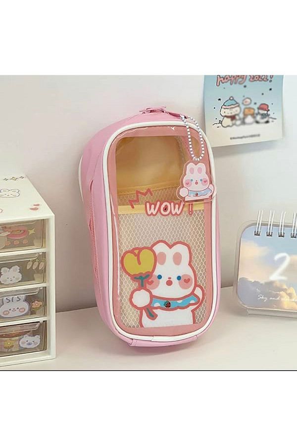 synshop-Kawaii Korean Japanese Stationery Teddy Bear Leather Pencil Case Makeup Bag School Handbag Large Pen Holder 1