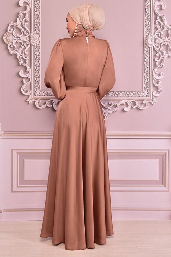 ModaMerve Tan Satin Evening Dress Belted Asm14823 Trendyol