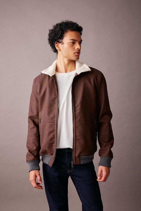 Defacto Plush Lined Faux Leather Jacket Pockets Stand Collar Zippered Slim Fit Jacket A3620Ax23Wn Trendyol