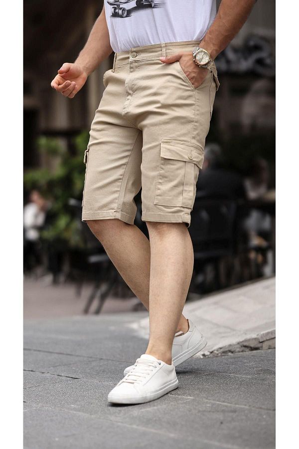 Domoda Men s Jean Cargo Shorts Cream Slim Fit Stretch Fabric Side Pocket Trendyol