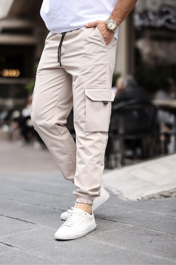Domoda-Beige Elastic Waist Cargo Pocket Stretchy Laminated Parachute Fabric Men's Cargo Pants 1