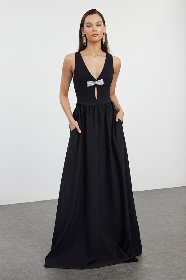 Trendyol Collection Black Plain Regular Unlined Woven Evening Dress Graduation Dress Trendyol