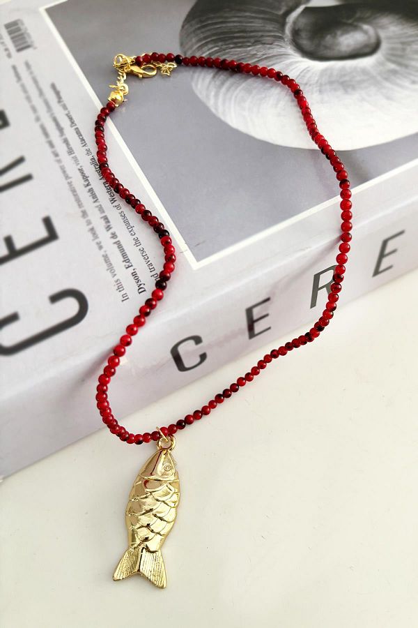 New Obsessions Fish Dangle Red Natural Stone Large Gold Necklace Trendyol