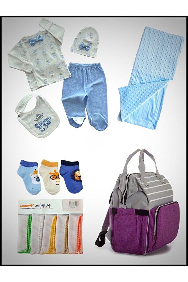 Derin Bebek Giyim 5 Parça Doğum Seti (Bebek Bakım Çantası, Hastane Çıkışı, Nohut Battaniye, 10 Lu Mendil ve Çorap)