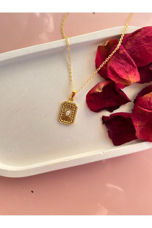 Claritas Takı-Women's Gold Plated Enamel Rectangle Embroidered Necklace 1