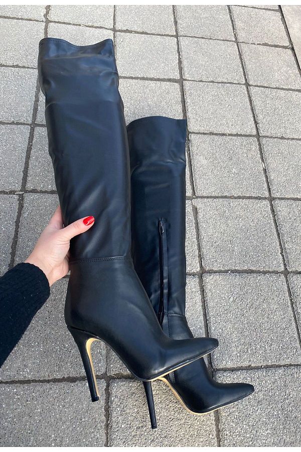 Afilli Women s Black Thin High Heels Stretch Flexible Socks Evening Dress Pointed Over the Knee Boots Long Boots Shoes Trendyol