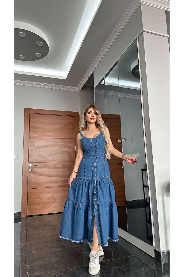 Tane Tasarim New Season Jeans Button And Back Low Cut Long Denim Dress 024 Trendyol