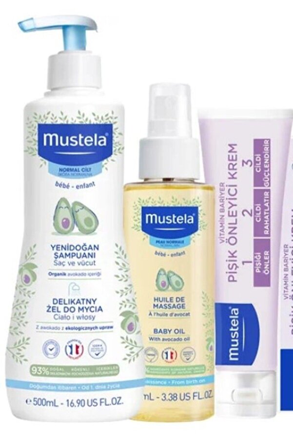 Mustela Favori Günlük Set Yenidoğan Şampuanı 500 ml Bebek Yağı 100 ml Pişik Önleyici Krem 100 ml