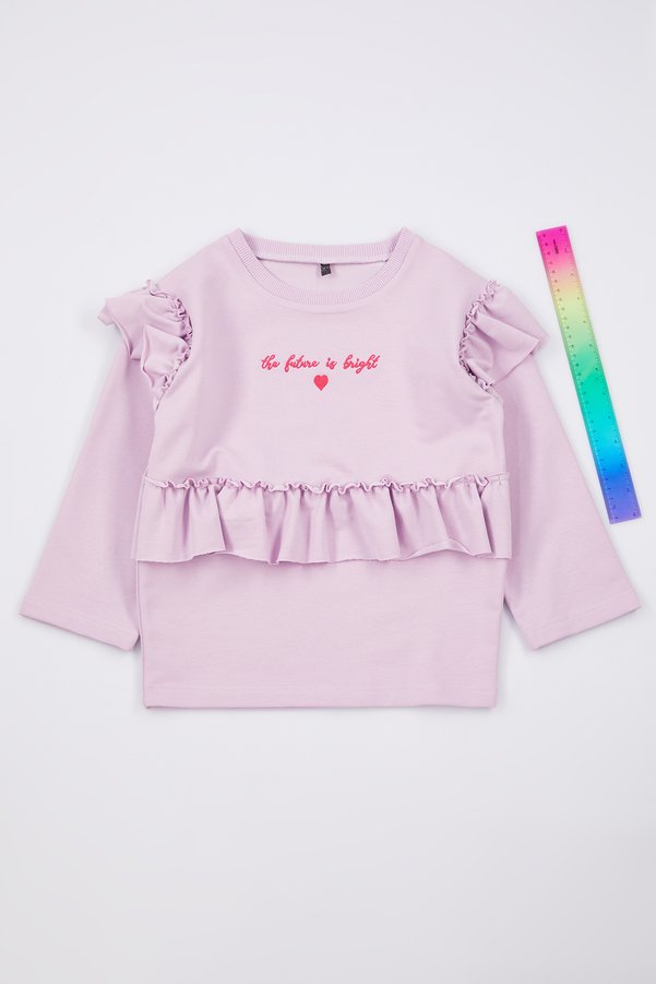 TRENDYOLKIDS Lilac Girl's Slogan Printed Ruffle Detailed Knitted Sweatshirt Tkdaw25Sw00033