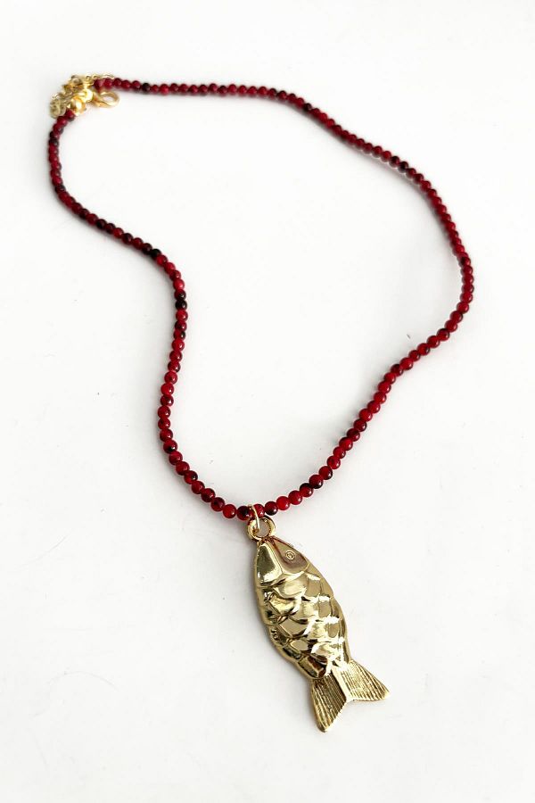 New Obsessions Fish Dangle Red Natural Stone Large Gold Necklace Trendyol