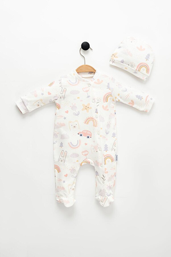 NEU KIDS Kız Bebek Sevimli Baskılı Şapkalı Uyku Tulumu 2 parça 0-3,0-6 ay