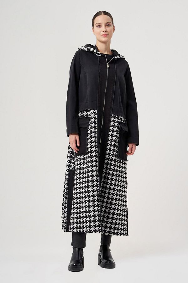 MissWhence Black Denim Top Coat Houndstooth Patterned Trendyol