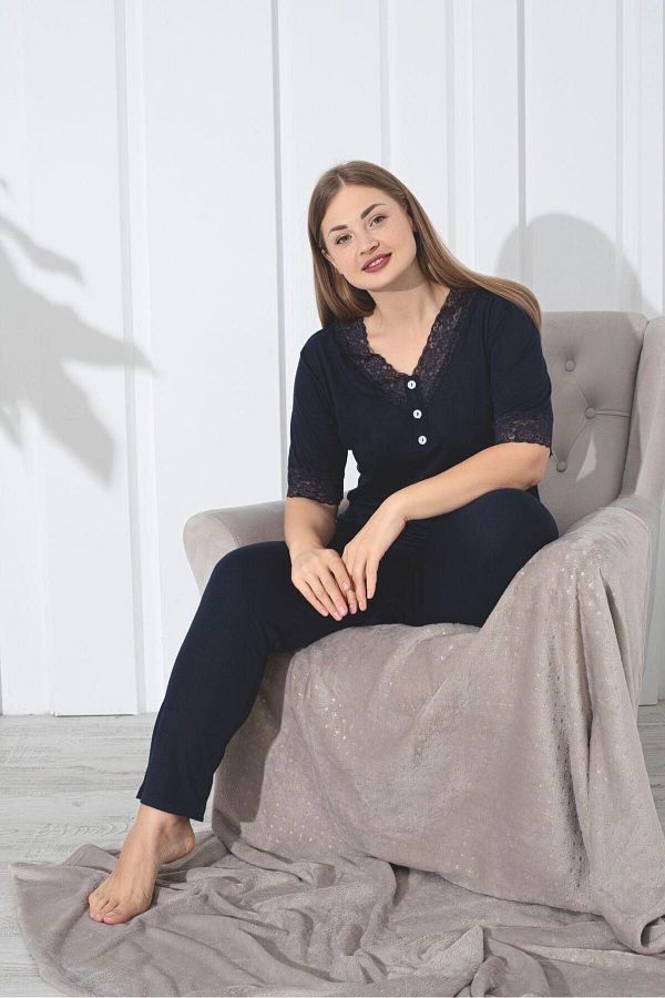şıklık durağı-Large size Lace detailed Cotton Combed Cotton Summer Women's Pajamas Set 1