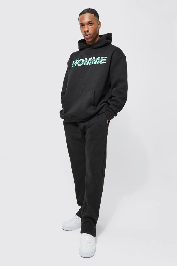 Mythologie-Homme Tracksuit Set - Black Printed Suit Jogger Sweatshirt Flare Leg Hooded 1