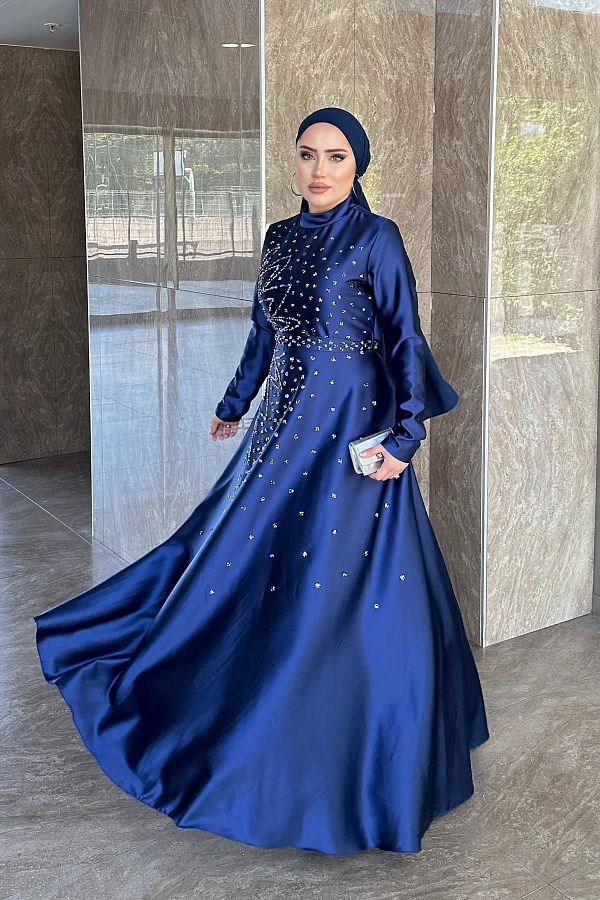 hakimoda Navy Blue Satin Birce Evening Dress Hijab Design Trendyol