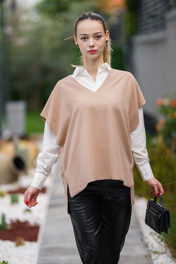 DuSiMoDa Women S V necK Knitwear Sweater Low Sleeve Short Front Long BacK anD Slit Detail Trendyol