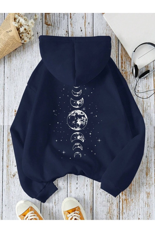 PALPİTO Navy Blue Moon Printed Unisex Hoodie Thread Hooded