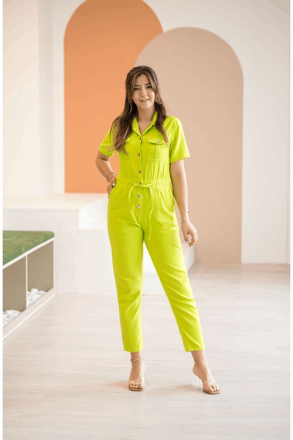 devesta Gabardine Fabric Neon Green Jumpsuit Trendyol