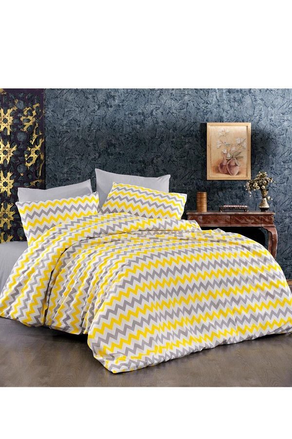 CARWEN TEKSTİL-Комплект завивки Ranforce Cotton, единичен, жълт, зигзагообразен, еластичен чаршаф 1