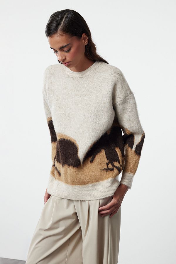 Trendyol Collection-Beige Color Blocked Soft Knitwear Sweater - Crew Neck Twoaw25Kz00276 1