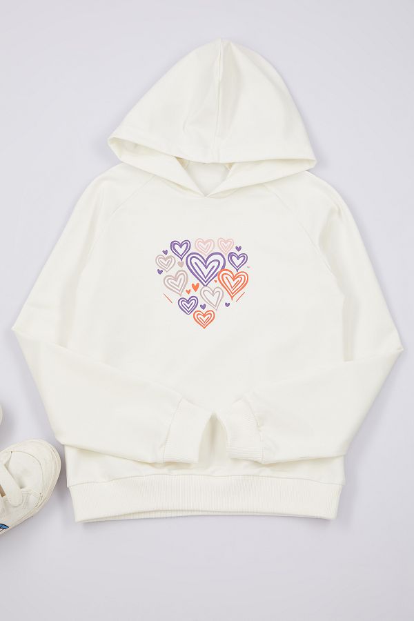TRENDYOLKIDS-Ecru dievčenská pletená mikina so srdiečkovým vzorom - Tkdaw25sw00040 s kapucňou 1