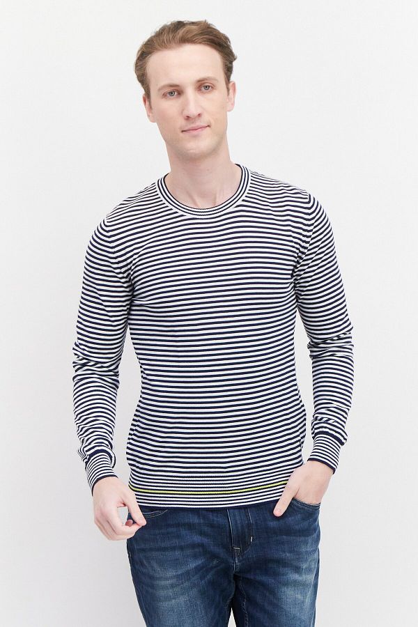 Trussardi Jeans Men Crew Neck Long Sleeve Strip T Shirt Navy Blue White Trendyol