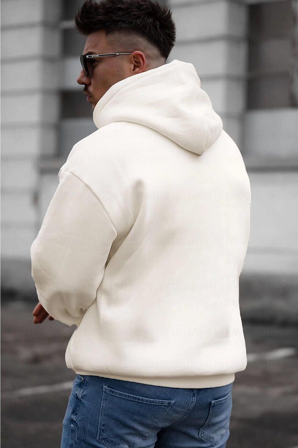 Millionaire Men s Off White Cream Ecru Plain Hooded Oversize 3 Thread Raised Loose Fit Hoodie Sweatshir Trendyol